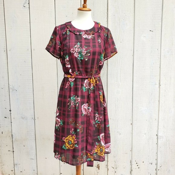 Modcloth Vintage Style Floral Check Dress Size L - Picture 1 of 6